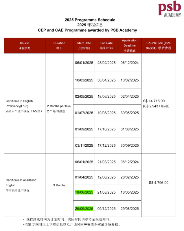 新加坡PSB学院2025年学费信息以及开课信息